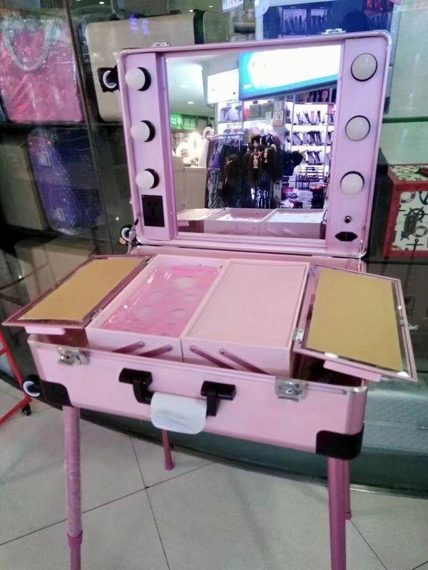 Makeup Case Adjustable Stand Legs Heavy Duty Suitcase Led Light Mirror Cosmetic Rolling 4 Wheels Trolley Makeup Case