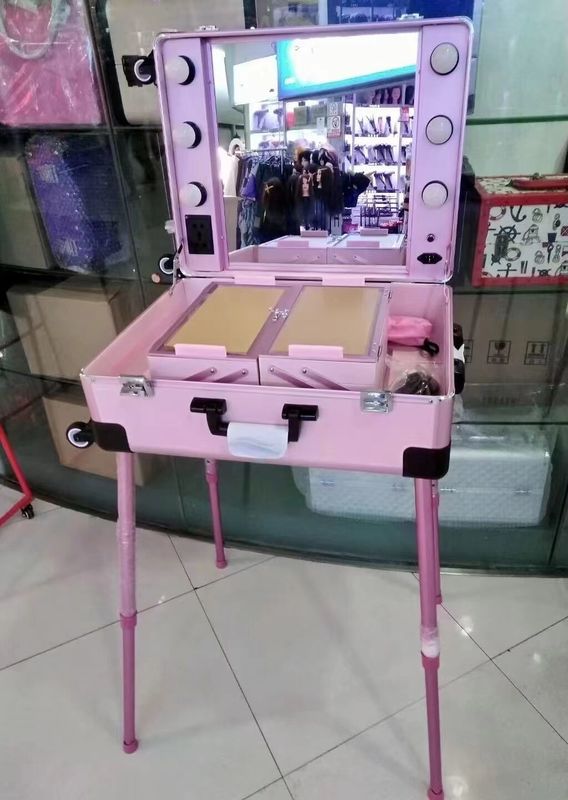 Makeup Case Adjustable Stand Legs Heavy Duty Suitcase Led Light Mirror Cosmetic Rolling 4 Wheels Trolley Makeup Case