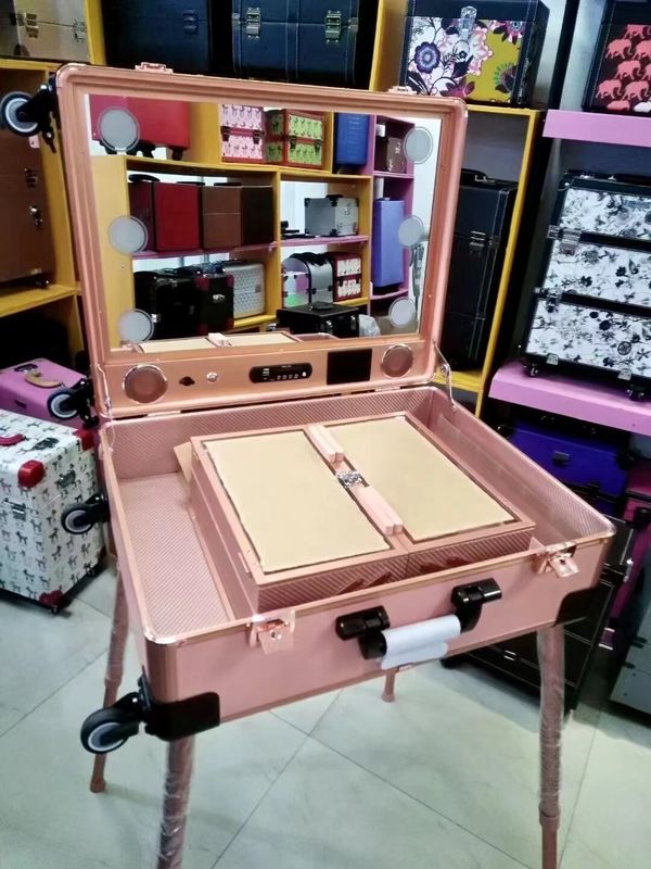 Makeup Case Adjustable Stand Legs Heavy Duty Suitcase Led Light Mirror Cosmetic Rolling 4 Wheels Trolley Makeup Case