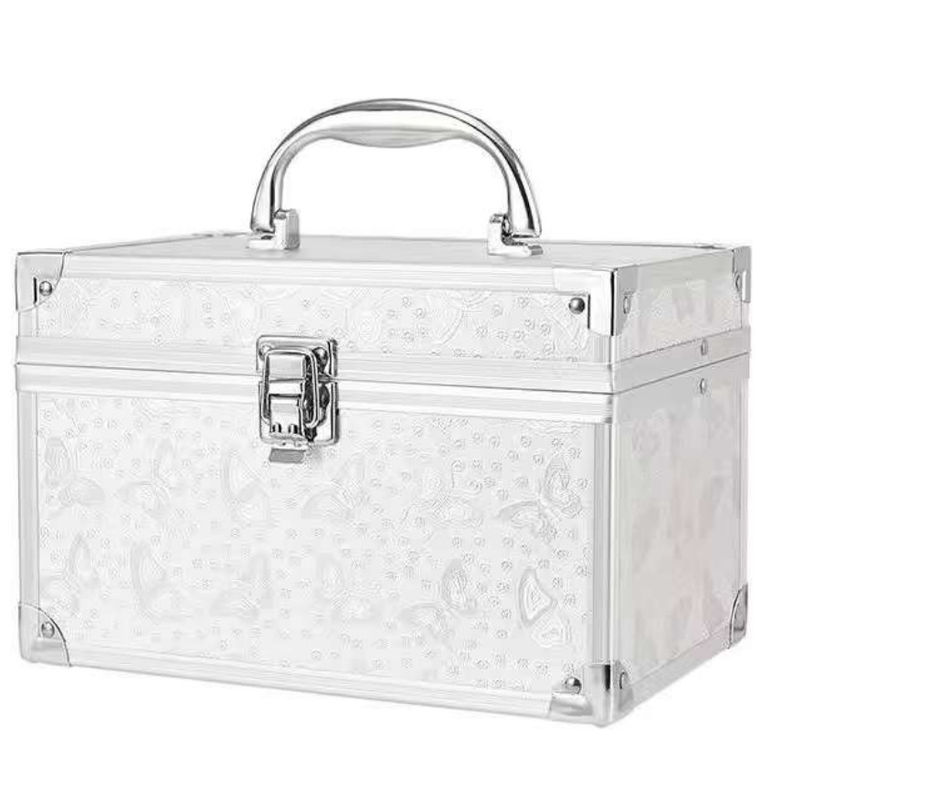 Silver Lockable Aluminum Alloy Cosmetic Storage Box For Professional Artist Portable Makeup Train Case With Handle