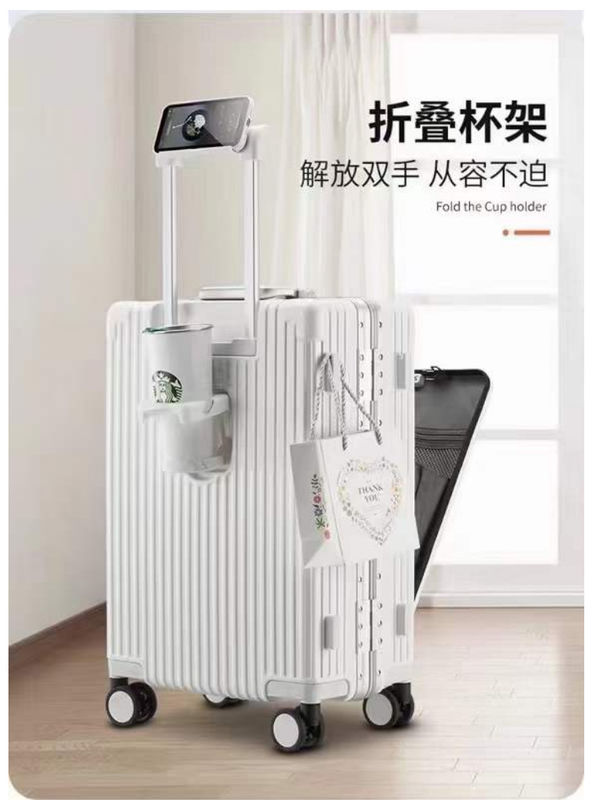 24-Inch Suitcase Front Open Hard Shell Aluminum Frame With USB Charging Port TSA Lock Cup Holder And Medium Phone Holder